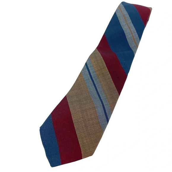 Vintage 70s LANVIN Paris Silk Scarf ACWA Union Label Mens Striped Blue Red Gold - Picture 1 of 10